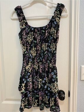 Black Floral Tiered Sundress with Pastel Blooms